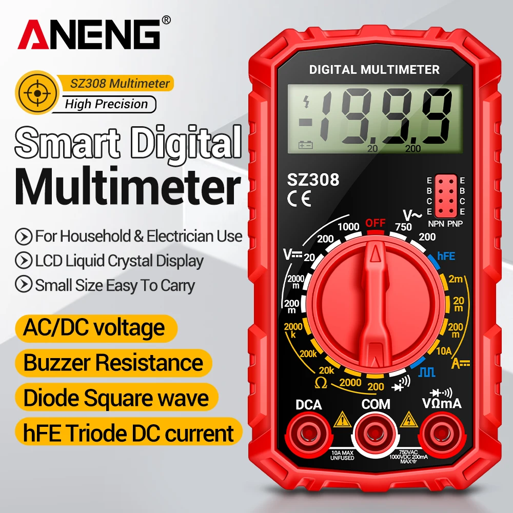 

Цифровой мультиметр ANENG SZ308, 1999 измерений, тестер напряжения, тока и сопротивления AC/DC, для домашнего использования, карманный мультиметр, тестер для электриков