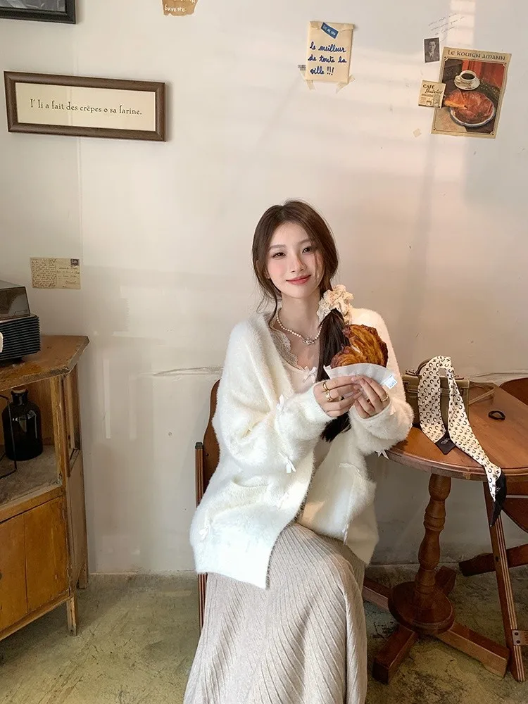 

Женский вязаный кардиган Chen Daya Thiened Lazy Mink: осенне-зимний, свободный, мягкий, белый, с узлами, в стиле свитера-пальто