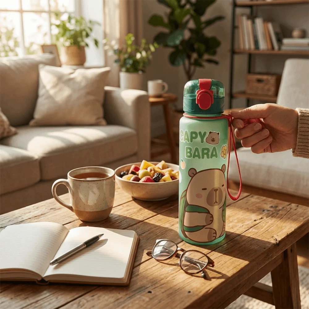 

Пластиковая бутылка для воды с соломинкой в виде капибары, большая емкость, с ремешком для переноски, герметичная, с привлекательным мультяшным дизайном