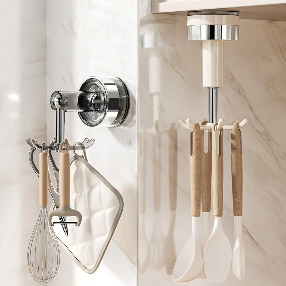 360 Rotatable Kitchen Hook Organizer 6 Claw Hook Suction Cup Wall Hanging Hooks Space Saving Punch-free Spatula Spoon Storage