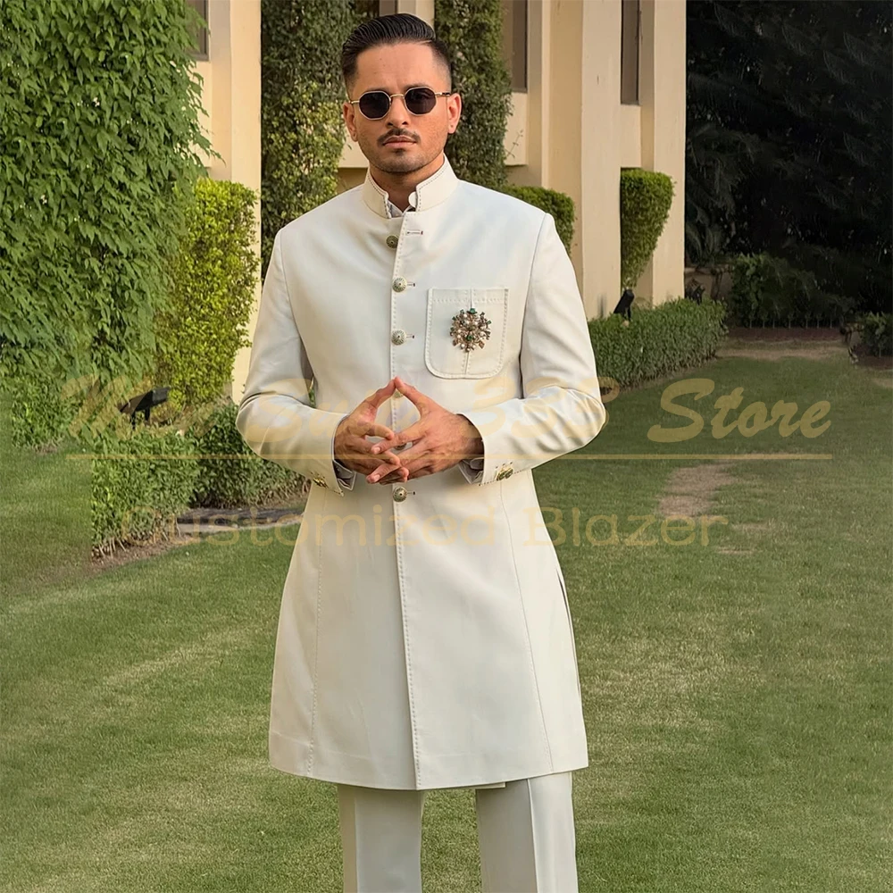 

Formal Wedding Men's Suits Elegant Long Blazer Trousers Sets Fashion Single Breasted Stand Lapel 2 Piece Jacket Pants Outfits