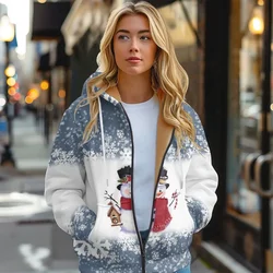 Funny Ugly Christmas Print Fleece Jacket Harajuku Snowman Zip Up Coats Winter Women Casual Streetwear Thick Warm Outfits Tops