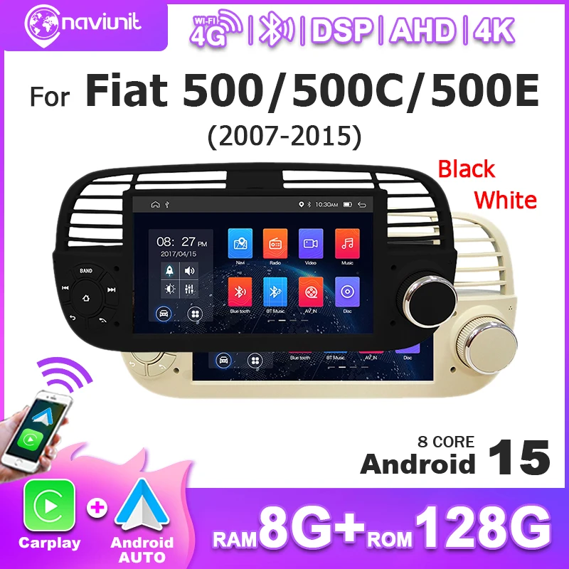 Autoradio Android 15 con Carplay Wireless 8G 128G, Schermo da 7'' per Fiat 500/500C/500E 2007-2015, Bluetooth, Navigazione