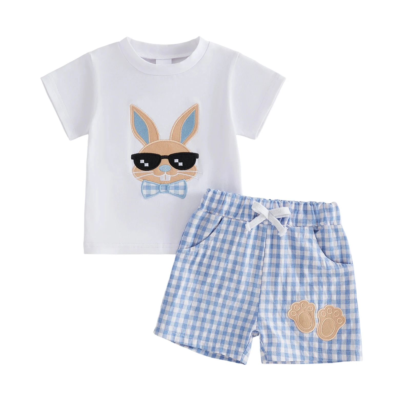 Toddler Boys Easter Outfits Adorable Bunny Embroidery Short Sleeve Round Neck Tops and Plaid Shorts Set
