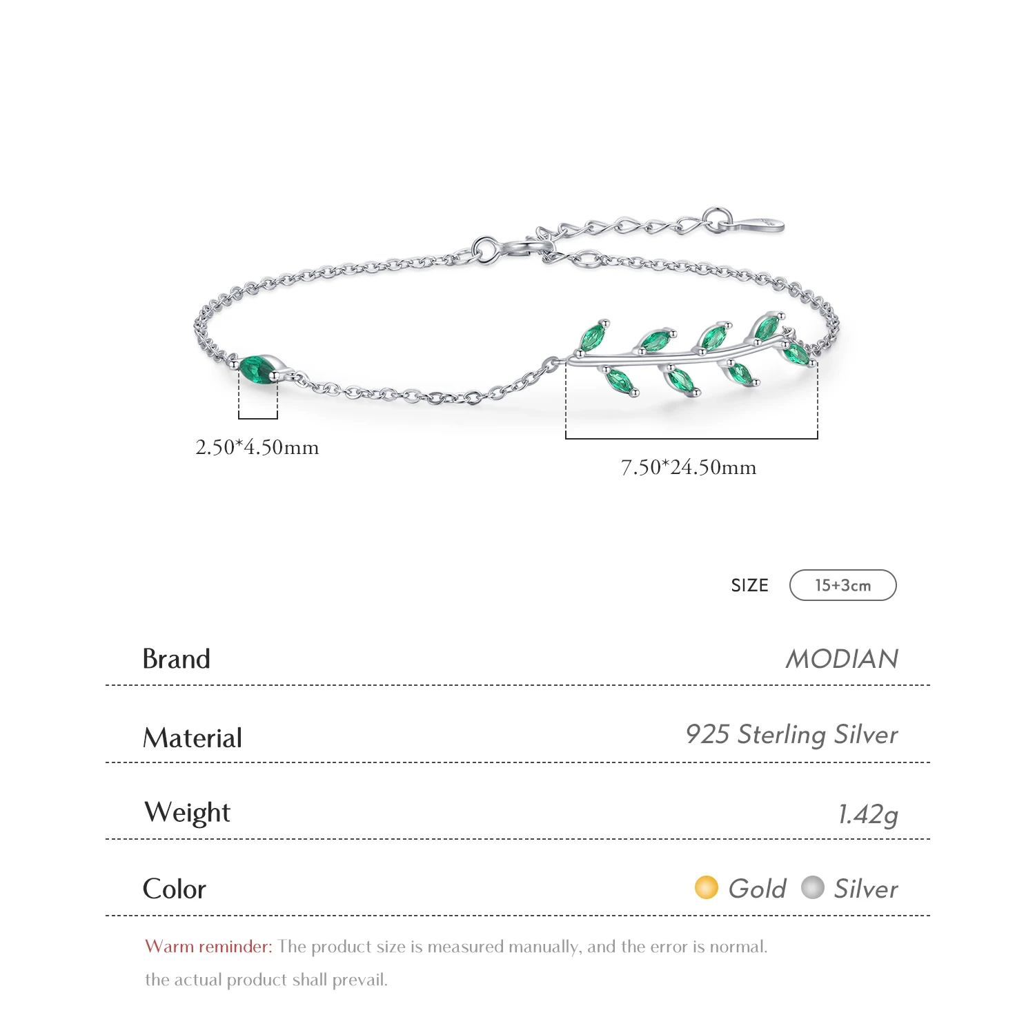 MODIAN 925 Sterling Silver Green Leaf Zirconia Adjustable Link Chain Bracelet For Women Fashion Wedding Jewelry Accessories