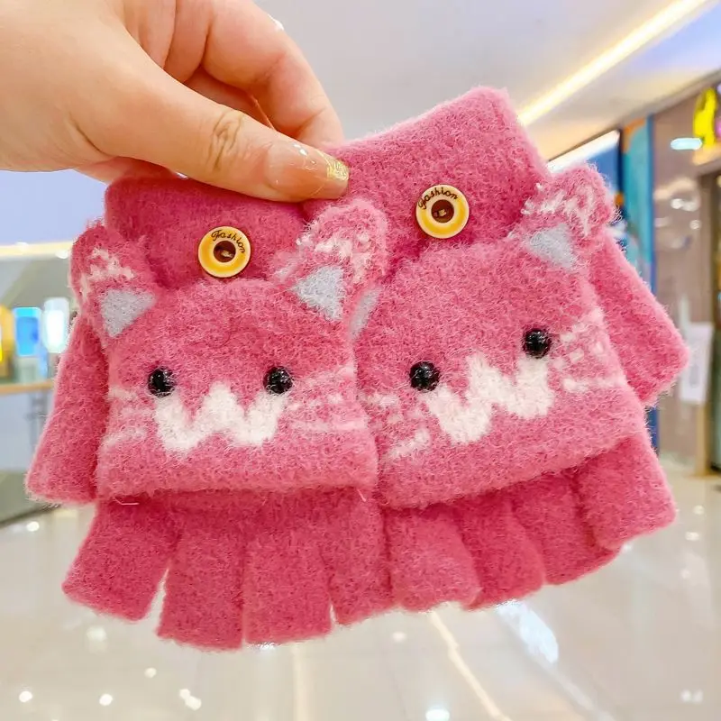 

Winter Knitted Kids Flip Gloves Cute Cartoon Children Half Finger Mittens Anti-Cold Warm Student Writing Glove 6-13Year Boy Girl