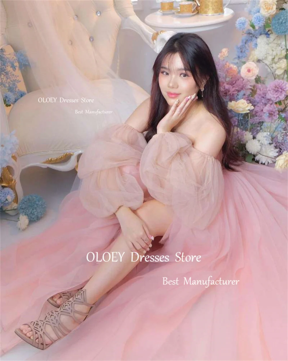 OLOEY Exquisite Sweetheart Evening Dresses Korea Wedding Photo Shoot Fairy Pink Silky Tulle Prom Dresses Floor-Length Custom