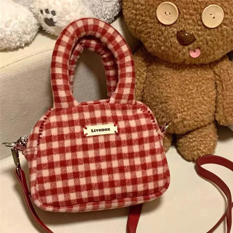 Red Plush Handheld Bags Plaid Design Crossbody Bags Small Shoulder Bags For Women Casual Women's Versatile Shoulder Bag Chic Bag