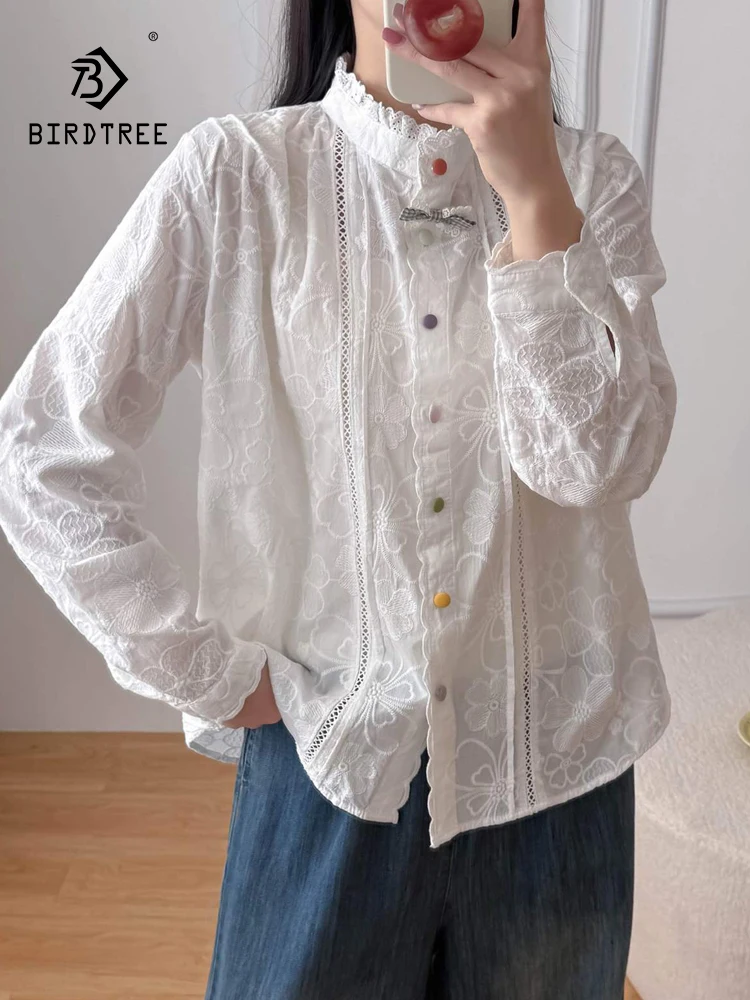 

New 2026 Spring Women Cotton Long Sleeve Shirt, Ruffled Embroidery Bow, Mori Girl Colorful Buttons Sweet Loose Blouse T62155CC