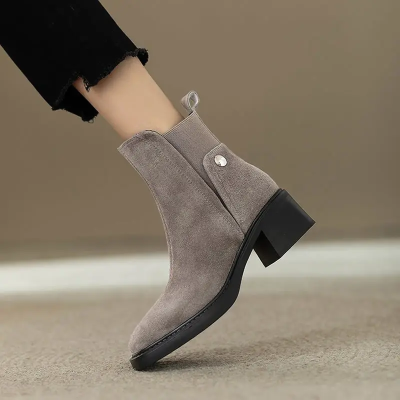 Suede Women Chunky Ankle Boots Fashion High Heels Shoes New Trend Pumps 2025 Winter Goth Casual Cozy Heeled Chelsea Short Botas