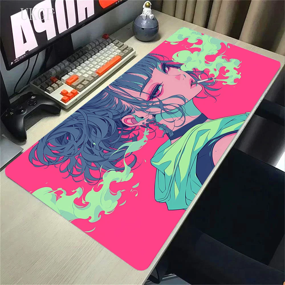 Anime Girl And the black cat Gaming Mouse Pad XXL Office Accessories Computer Keyboard Desk Mat Non-Slip Laptop Red Big Mousepad