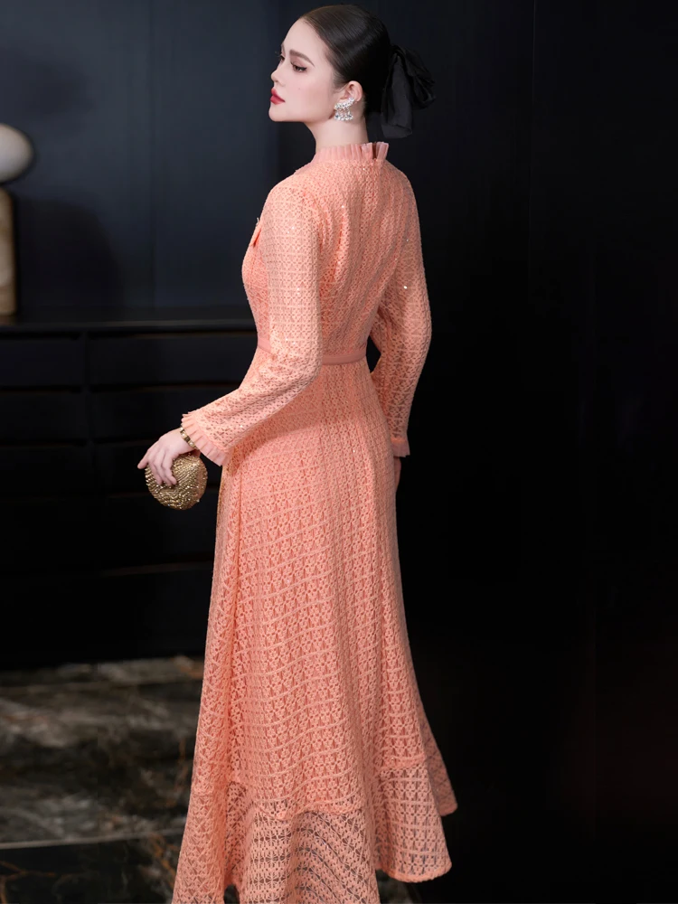 فساتين سهرة فرنسية أنيقة برقبة دائرية وأكمام طويلة من الدانتيل والترتر وحزام خصر عالي بقصة ضيقة فستان طويل للنساء #4