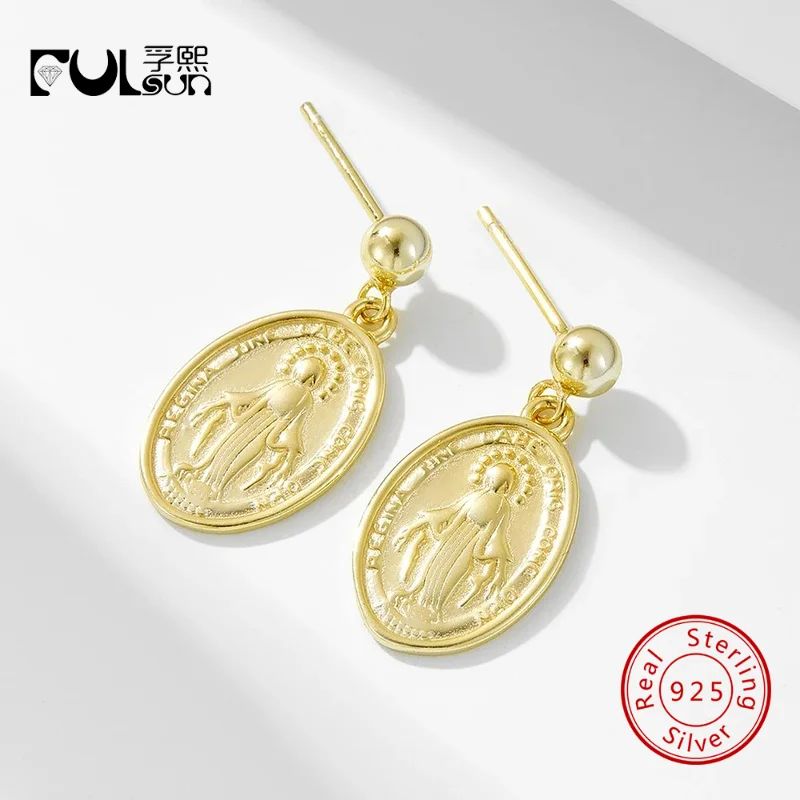 Pendientes de Plata de Ley 925 con Baño de Oro de 14K, Medalla Milagrosa de la Virgen María, Diseño Ovalado, Joyería Religiosa Vintage, Regalo