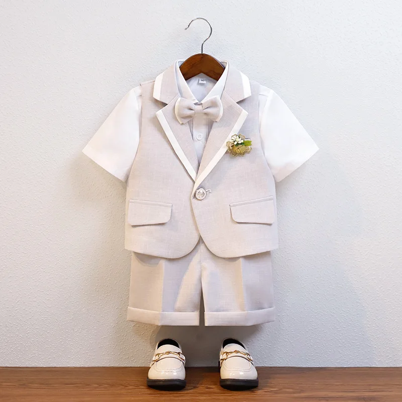 Gentleman Kids Summer Breathable Party Dress Boys Soft Vest Shirt Shorts Bowtie Photography Suit Children Performance Costume