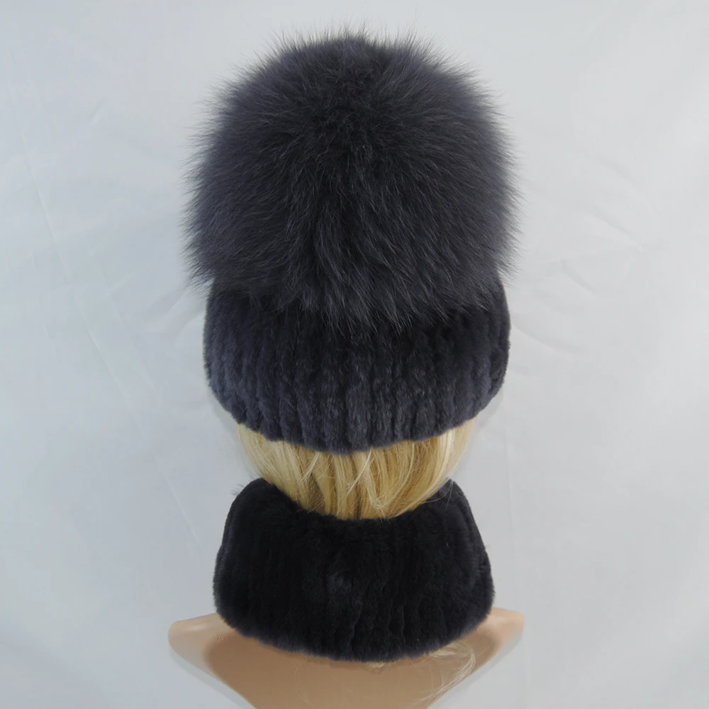 Hot Women Winter Luxury Real Rex Rabbit Fur Hat Scarf 2 Pieces Knitted Rex Rabbit Fur Hat Top Natural Fox Fur Cap Scarves Sets