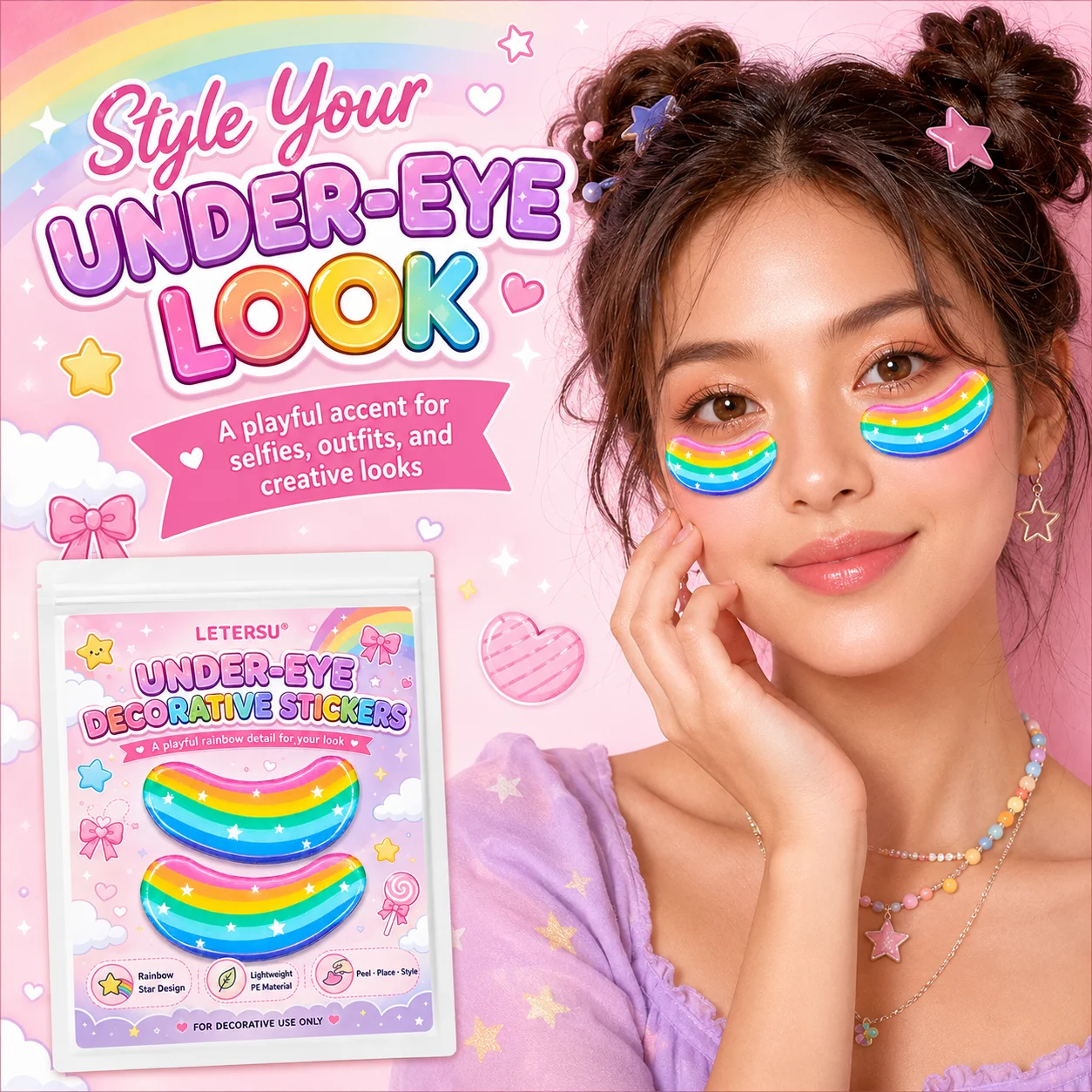 4PCS Rainbow Under Eye Stickers Cute Face Decorative Patches for Party Makeup Festival Photo Props Face Accessories