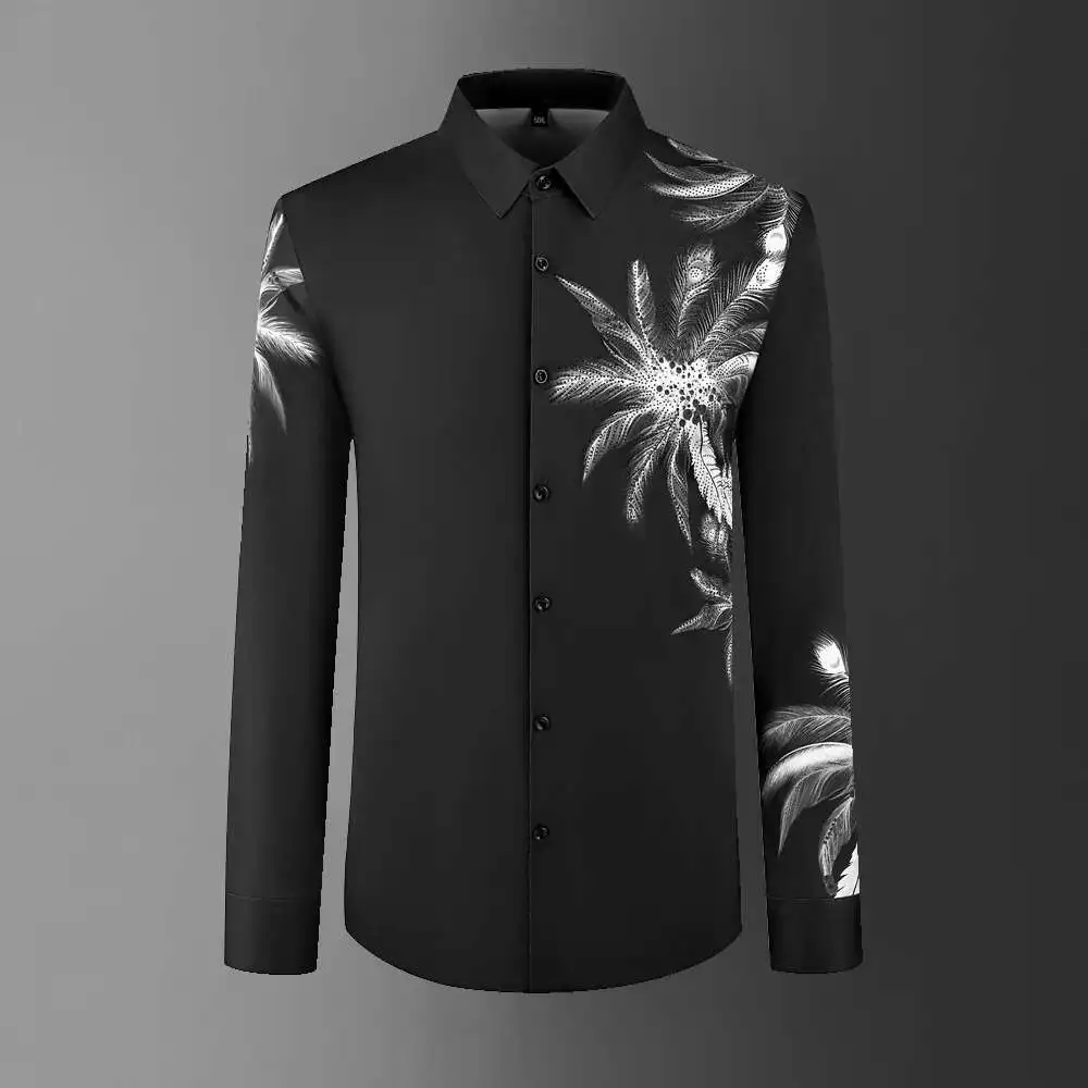 

Black White Shirt For Men Top Quality Flower Print Hot Drilling Shirt Men Social Club Outfits Camiseta Masculina Shirt Men Dress