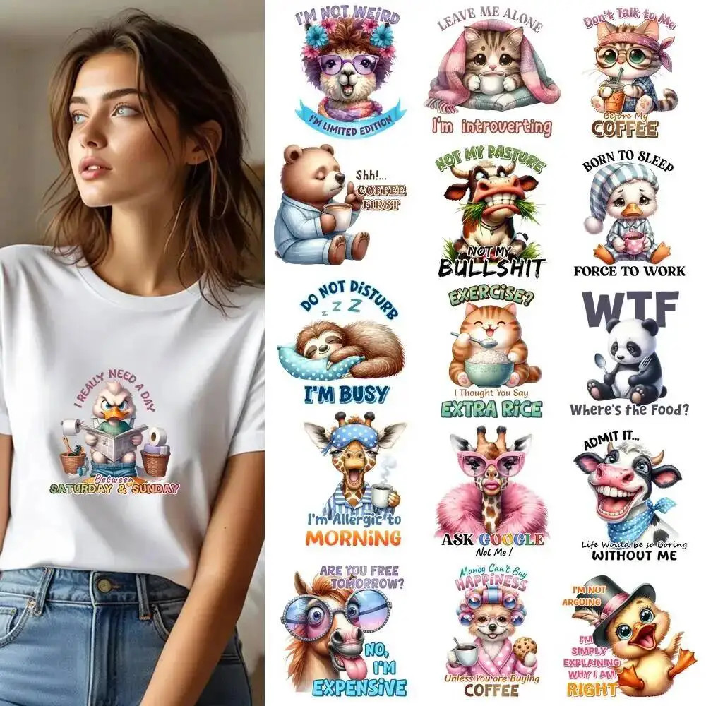 25CM Sarcastic Letter Animal Dog Cat Alpaca Transfer Patches For Clothes DIY A-Level Washable Shirt Iron-on Thermal Stickers
