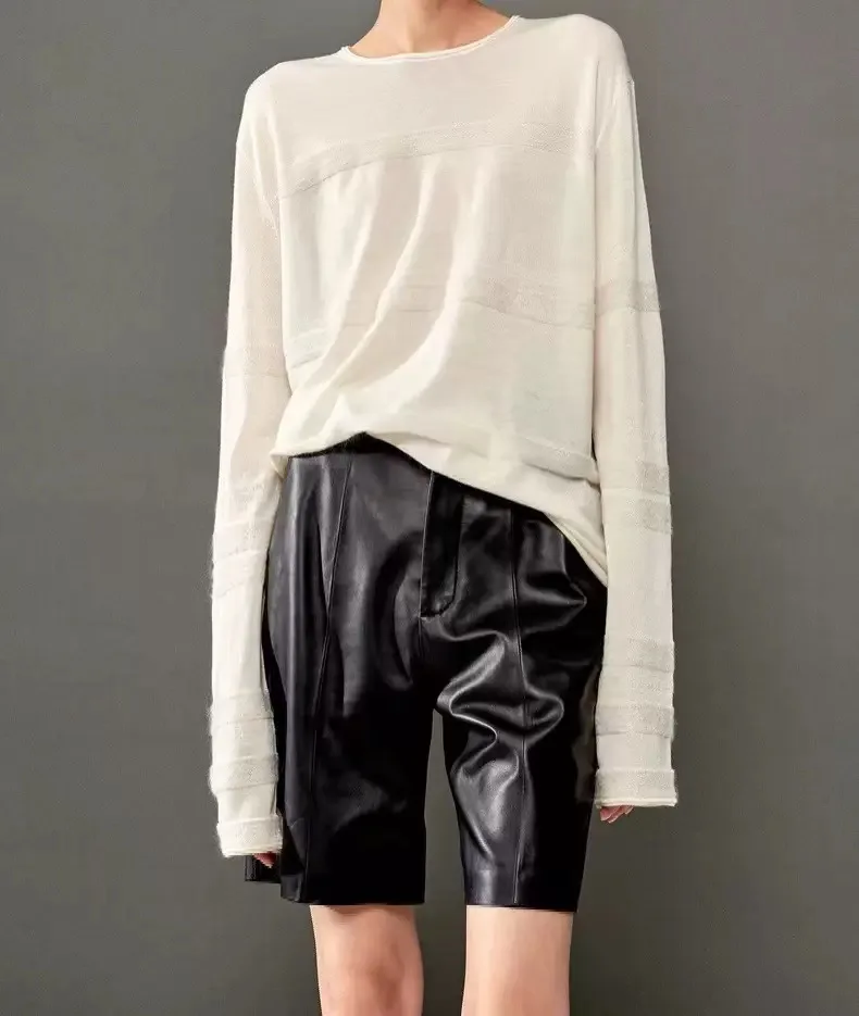 

Fashion European/America Style Women's Genuine Leather Shorts Female Handsome Straight High Waist Suit Shorts Casual Wide Street