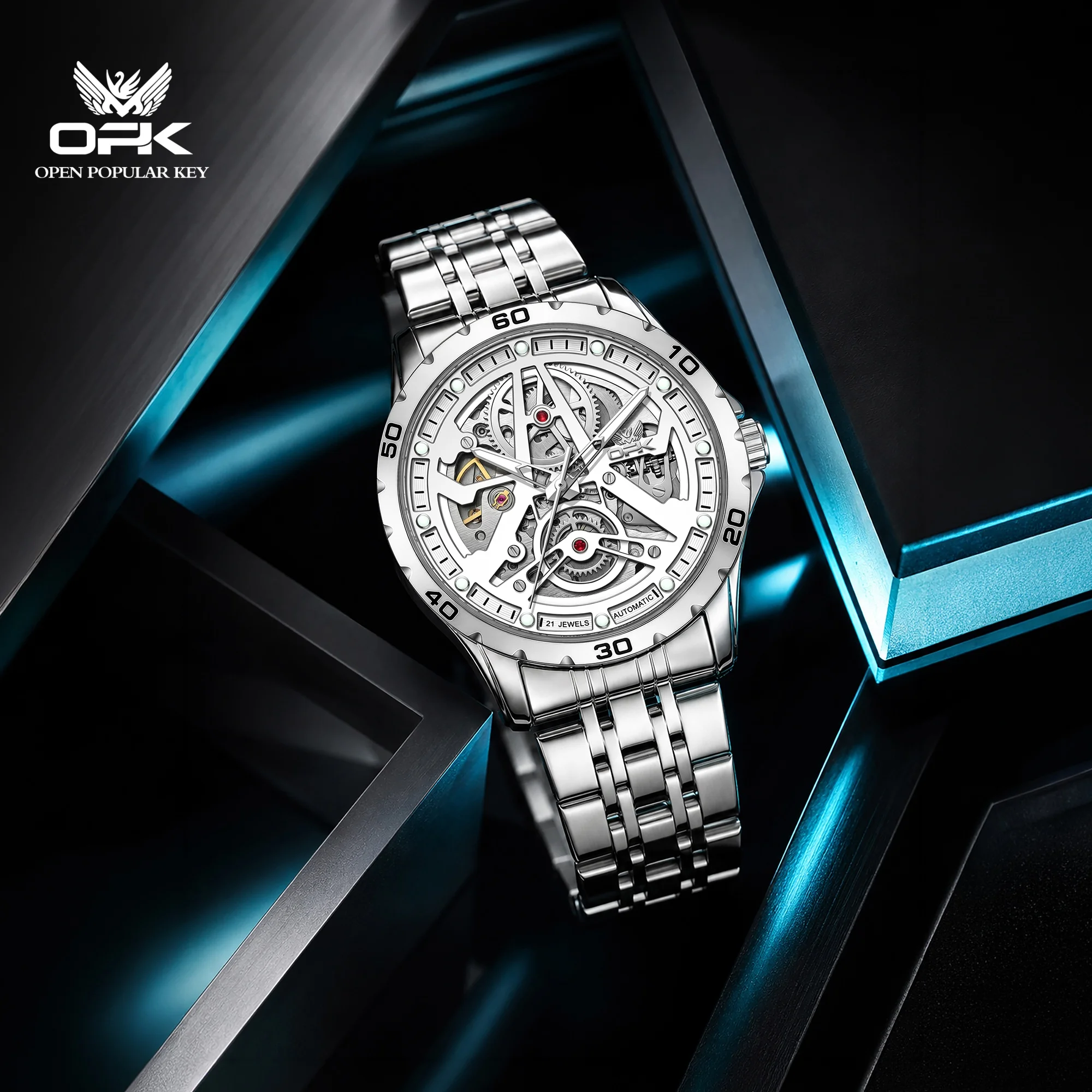 OPK 6110 Business Automatic Mechanical Movement Watch Round Dial Simple Style 30m Waterproof HD Luminous Steel Strip Men Watch