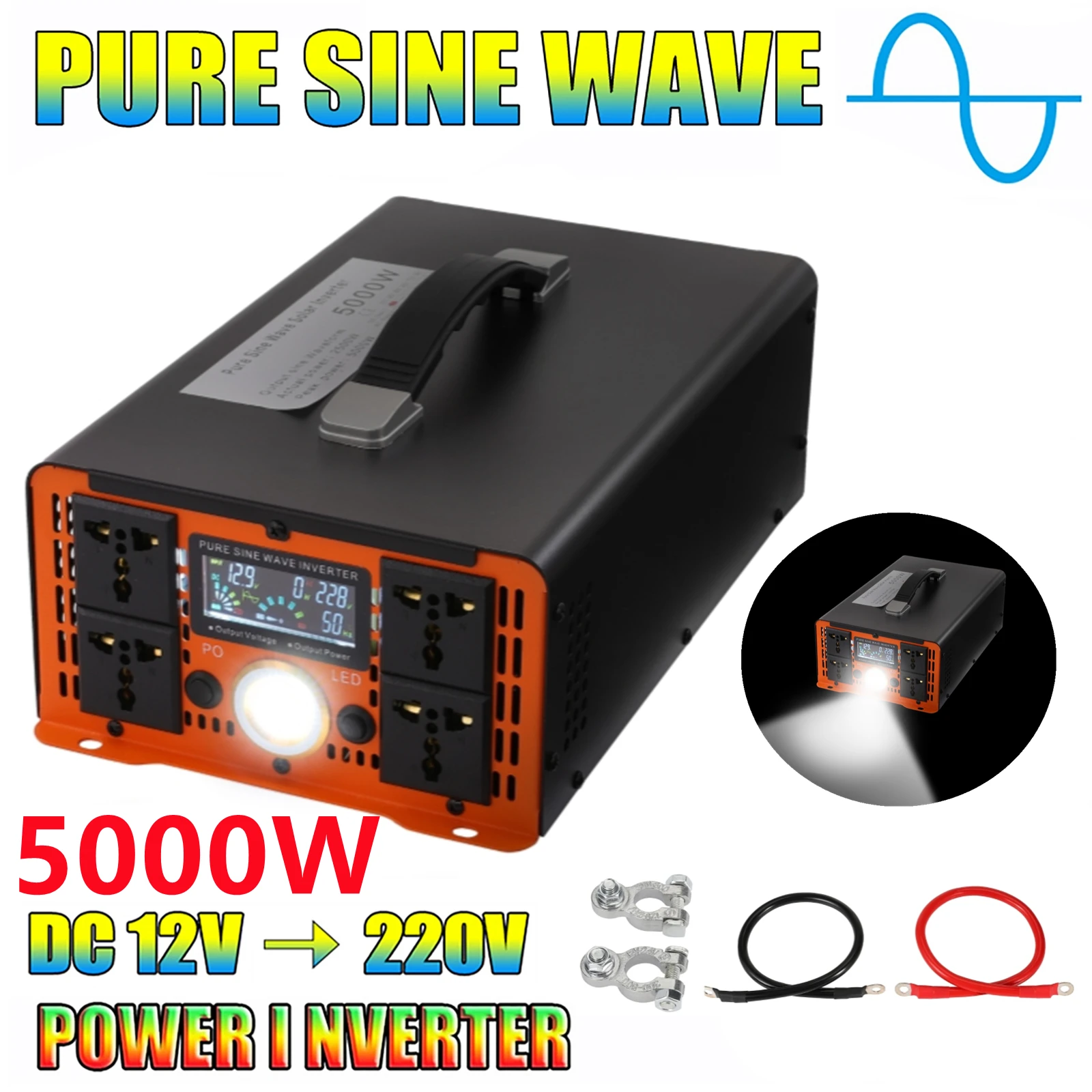 5000W 12V to 220V Pure Sine Wave Inverter LCD Display High Power Inverter Power Voltage Converter Car Inverter with LED Light