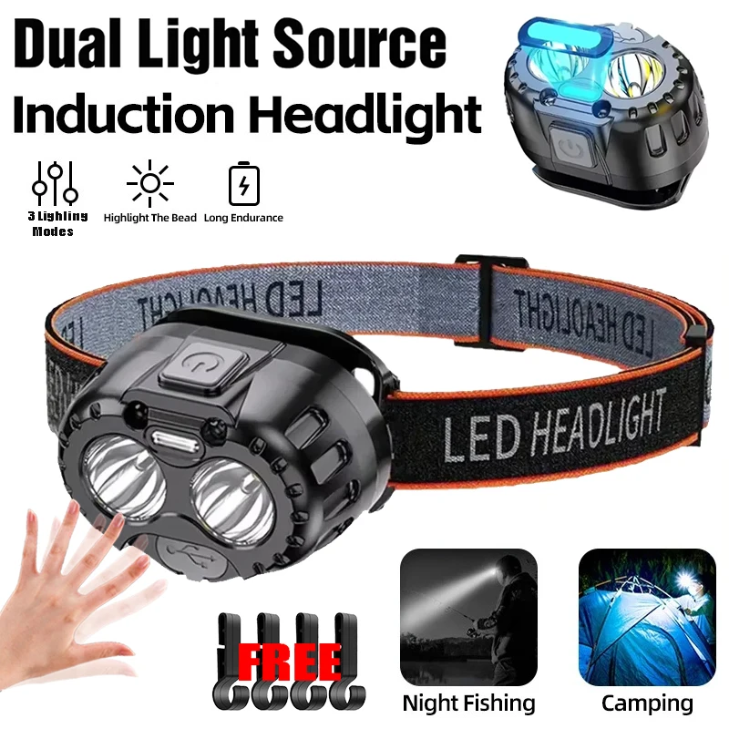 LED-Induktions-Stirnlampe mit Doppellichtquelle, Notfall-Kopflampe 250LM XPE, 500mAh für Outdoor-Aktivitäten wie Angeln, Camping und Wandern