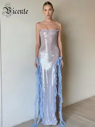 VC Dresses For Women 2023 Summer Spaghetti Strap Luxury Sequins Sparkle Maxi Long Ruffles Flowers Slim Party Vestidos