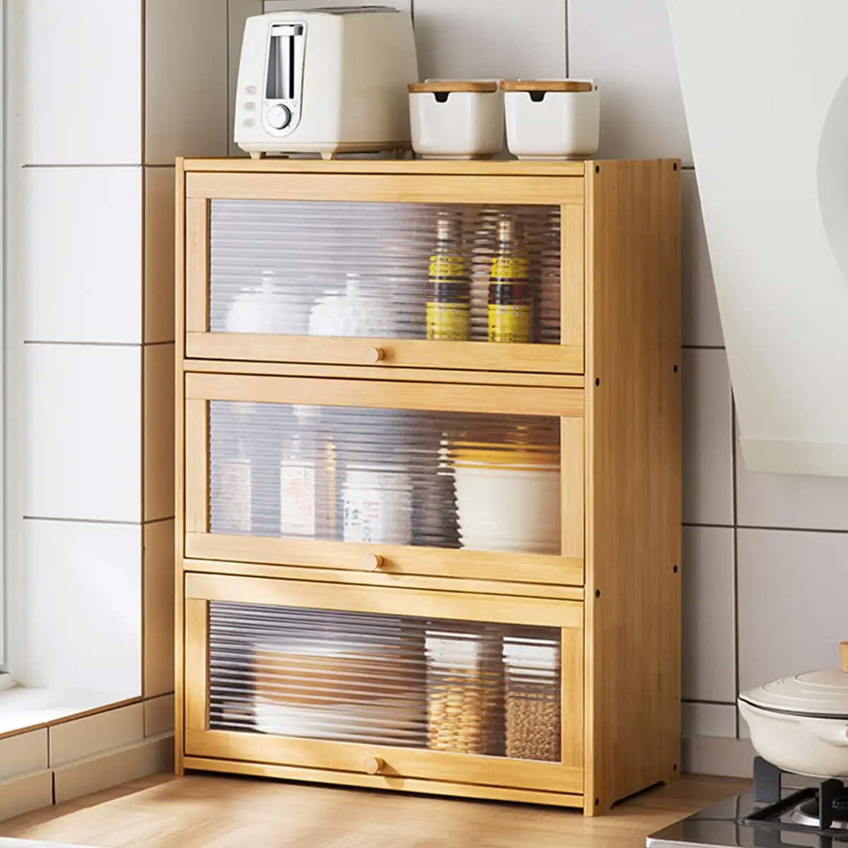 Gdrasuya10 3 Tier Countertop Kitchen Pantry Storage Cabinet, Bamboo Pantry Sideboard Cabinet with 3 Doors Freestanding Kitchen C