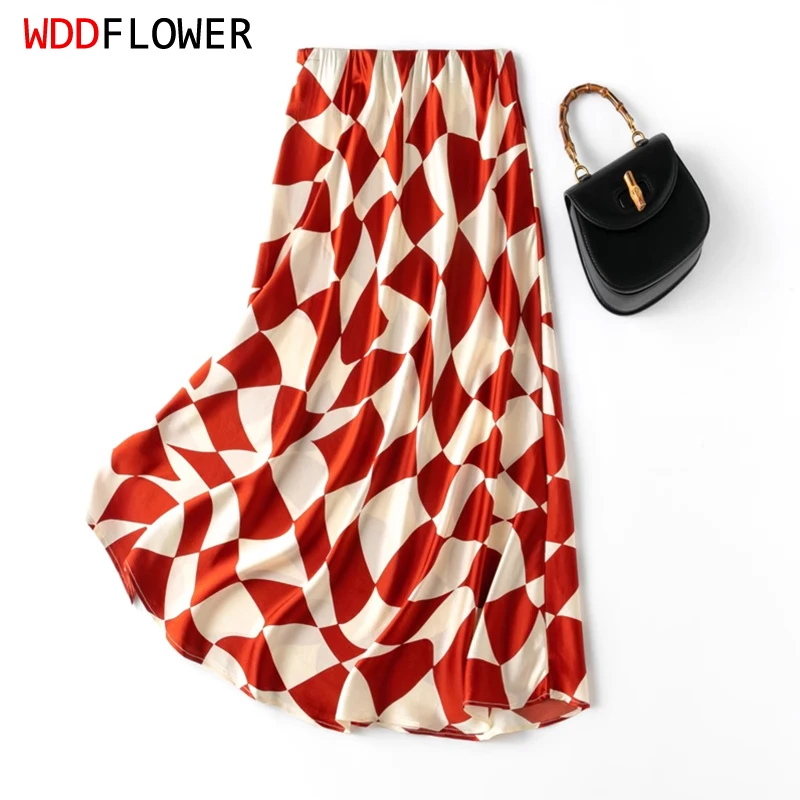 

Women Silk Skirt 93% Mulberry Silk 7% Spandex 22 Momme Orange Checked Printed Big Hem Chic Midi Skirts Summer Beach L XL M1055