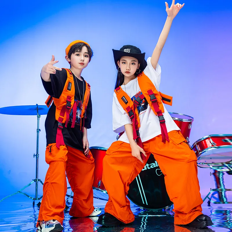طفل Kpop الهيب هوب الملابس السوداء الجرافيك تي شيرت البرتقال سترة علوية عادية Ruched البضائع السراويل لفتاة صبي ملابس رقص الملابس