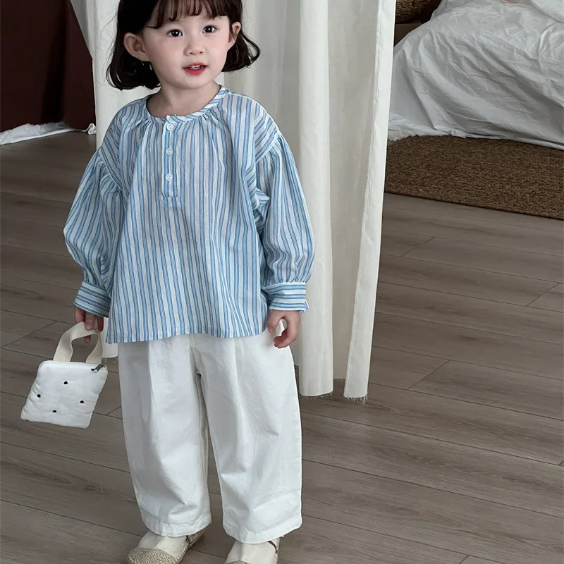 2026 Spring Girls Pants Autumn Children's Cotton Washed Straight Leg Pants for Boys Girls with Simple Button and Folded Pants 4