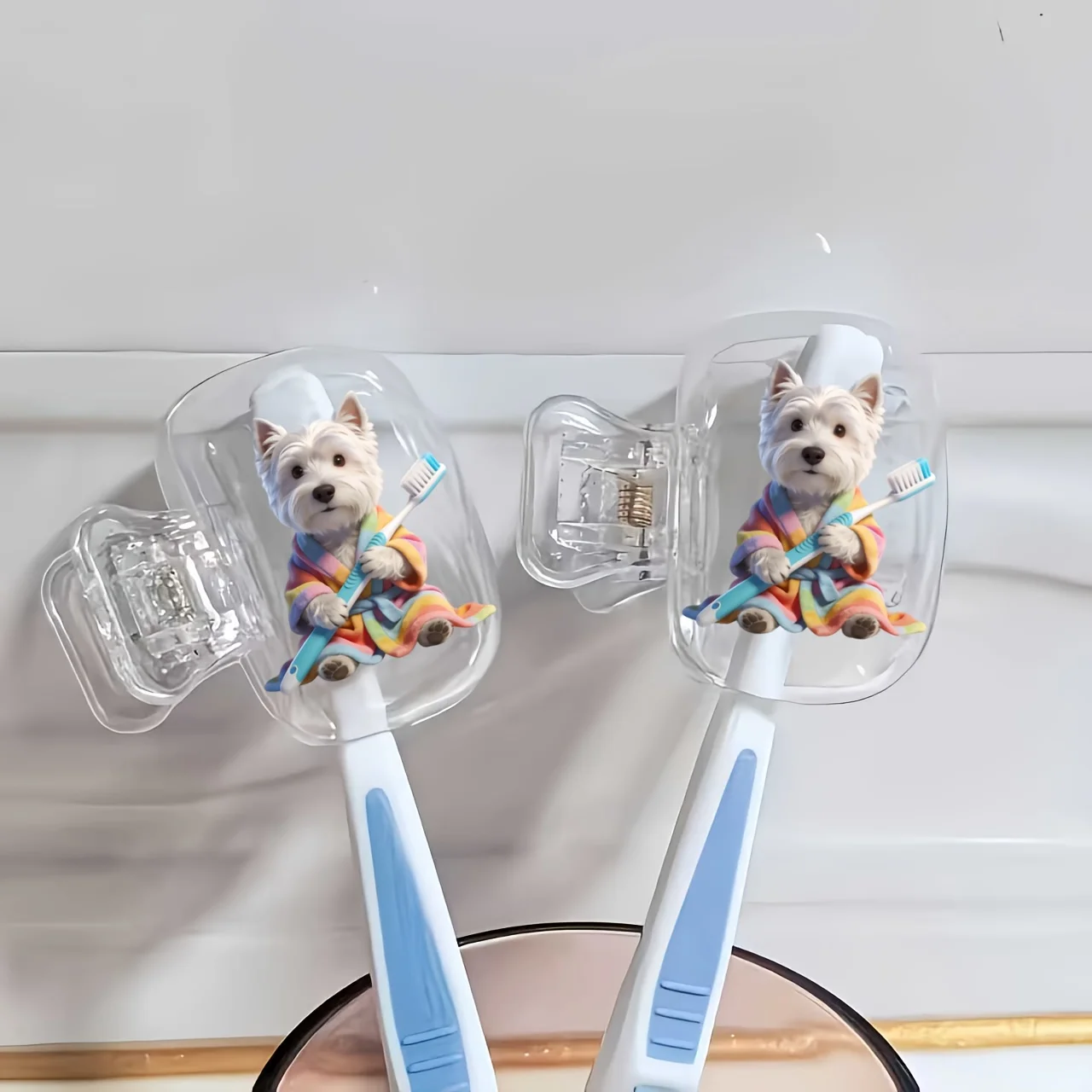 2pcs West Highland Terrier in Colorful Clothes Holding a Toothbrush Portable Toothbrush Storage Case Suitable for Travel Sets