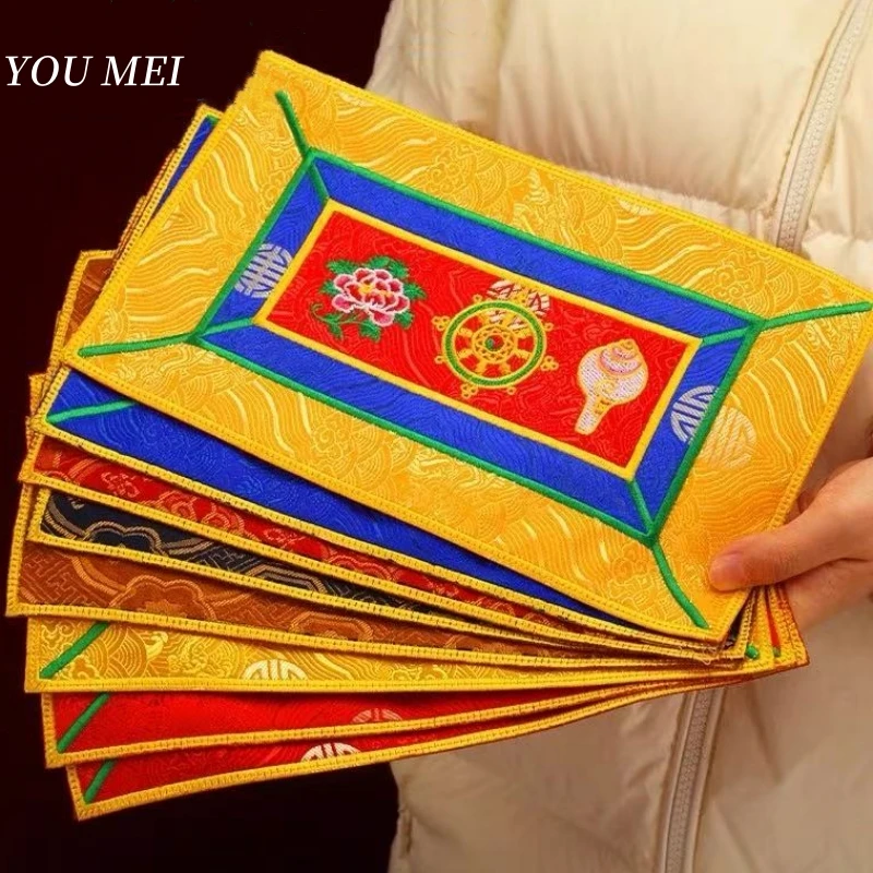 Nepal Hand-Embroidered Conch Mats,Tibetan Auspicious Symbols Vase Bell Pestle Mats,Instrument Vajra Square Mats Buddhist Item
