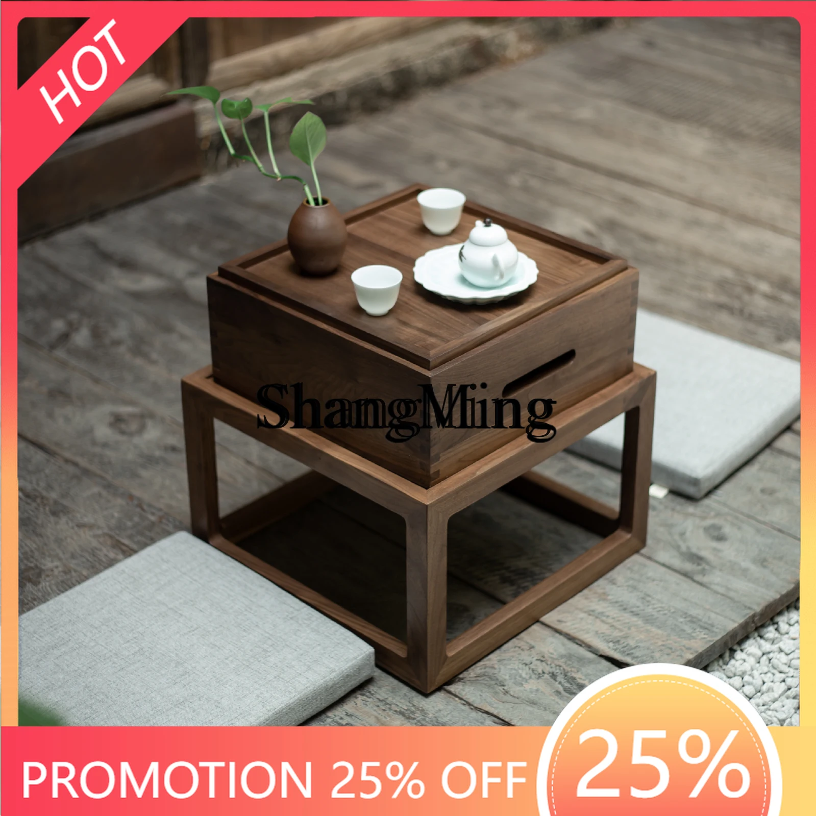 

FG bay window table tatami coffee table can be stored outdoor portable black walnut solid wood balcony small tea table