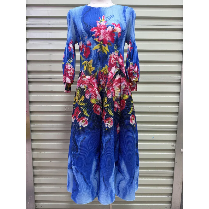 Długa plisowana spódnica w kwiatowy wzór, ośmioczęściowa, z wysokim stanem, w stylu francuskim, z włókna poliestrowego, ocieplana, jesienna, streetwearowa.