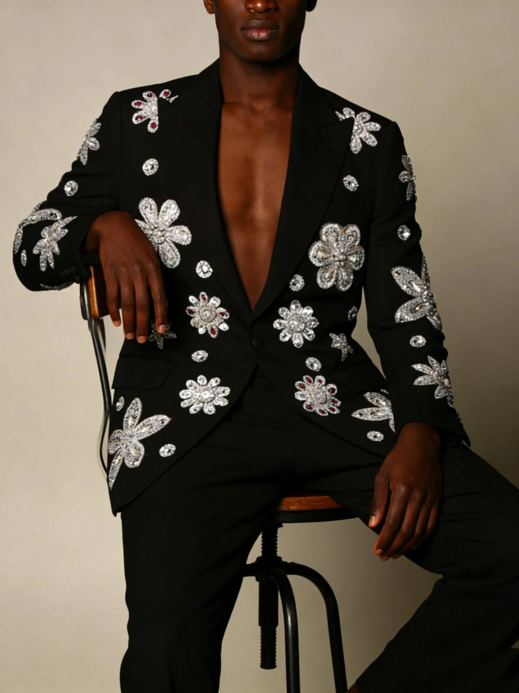 

Black Spring Men Suits Pants Set 2 Pcs Blazer+Trousers Floral Groom Wedding Tuxedos Jacket Formal Office Business Coat Outfit