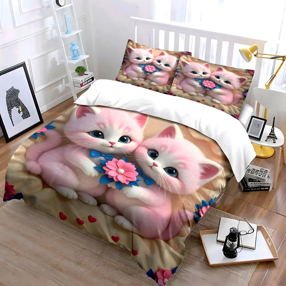 Cute pink kittens with floral decor Print Bedding Set 1 Duvet Cover 2 Pillowcases for Adult and Children Luxury Gift Full Size