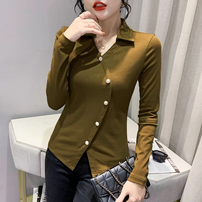 

2023 New Fall Winter European Clothes T-Shirt Women's Fasion Sexy POLO Collar Button Irregular Split Tops Long Sleeve Tees 37086