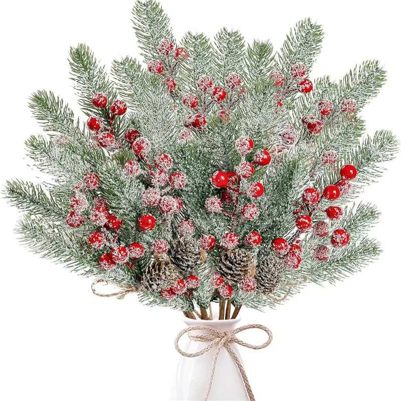 

Christmas Artificial Red Berry Branches Decoration Christmas Picks Spray Artificial Pine Cones Holly Stem Craft New Year Decor