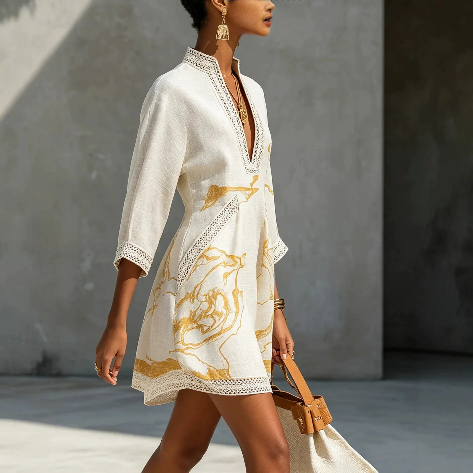 Chic Navy Blue Gold Thread Dress V-neck Lace Trim Seven-quarter Sleeve Loose Vacation Style Cotton and Linen Short Dress Y2K