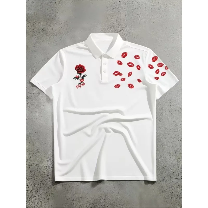 New men's short sleeved fashion minimalist POLO shirt, fashionable red rose lip print POLO shirt