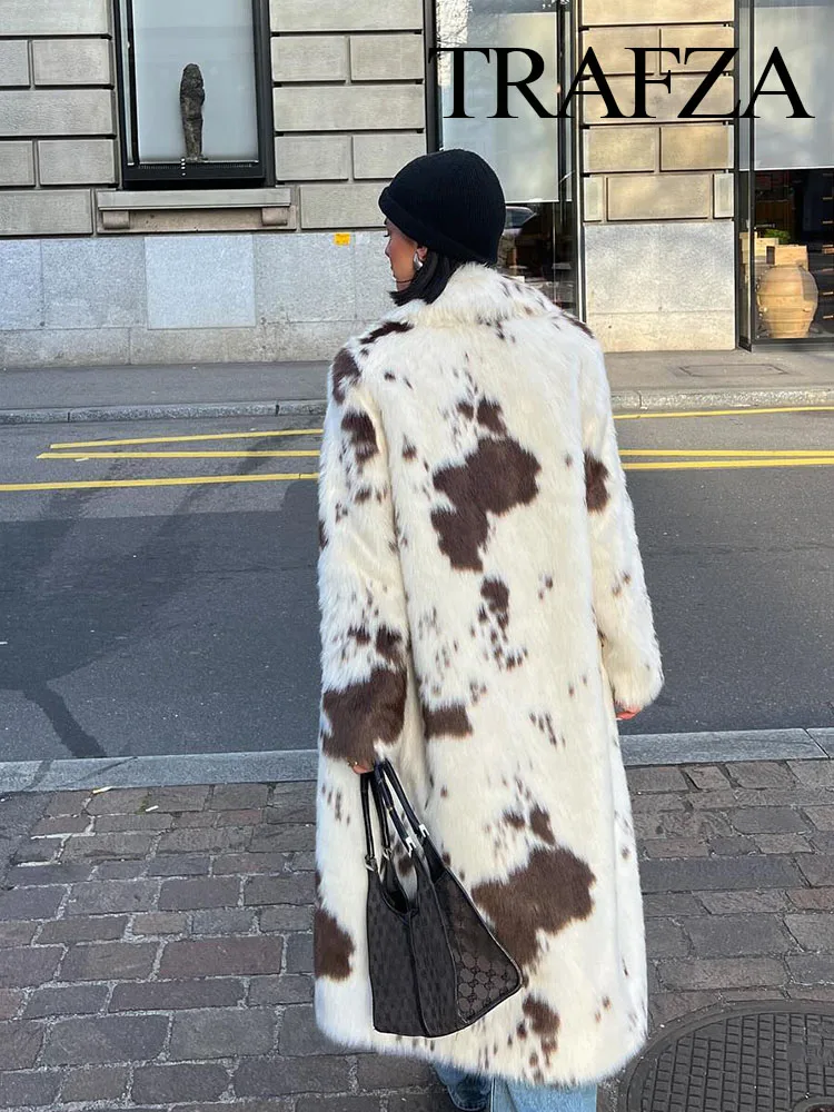 TRAFZA Frauen Winter Elegante Langarm Revers Einreiher Jacken Frau Warme Dicke Casual Animal Print Faux Pelz Lange Mäntel