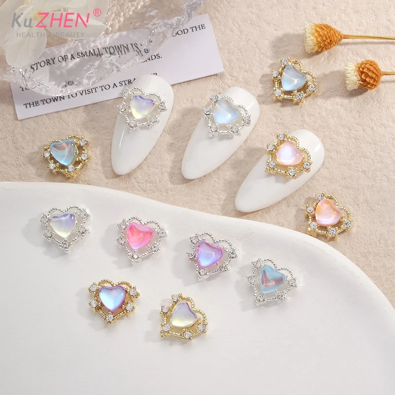 2Pcs Heart Shaped Nail Charms 3D Nail Art Alloy Accessories Aurora Gems Jewelry Multi-Color Rhinestone Nail Supplies Parts