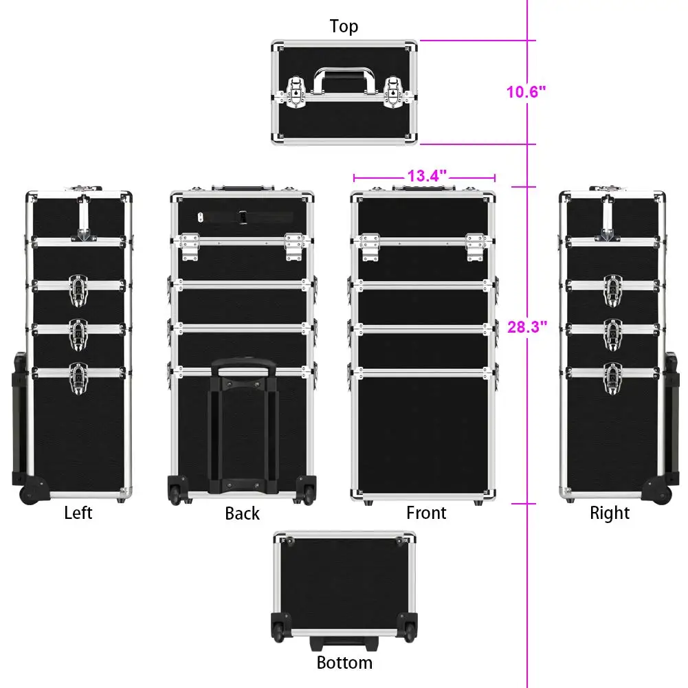 Makeup Rolling Train Case 4-in-1 Professional Artist Trolley Cosmetic Organizer with 2 Wheels Durable Aluminum Frame