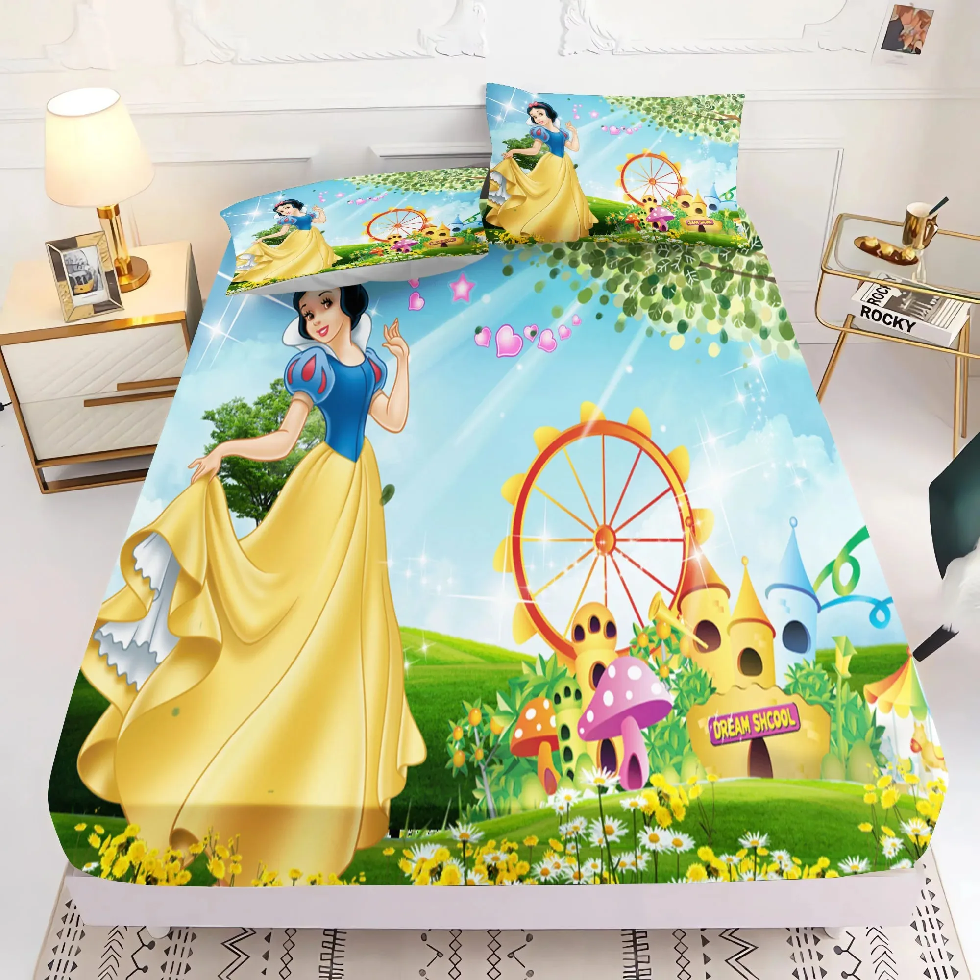 Disney Snow White Fitted Sheet Cover for Teenager,Princess Cartoon Bedding,Cute Ariel Printing Sheets,Bedding Children