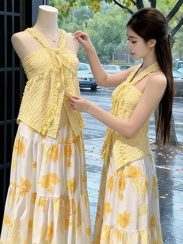 Dopamine Gentle Breeze Casual Quality Women's Spring High-End Feeling Print Long Half Skirt Two-Piece Set Neck Hanging Top