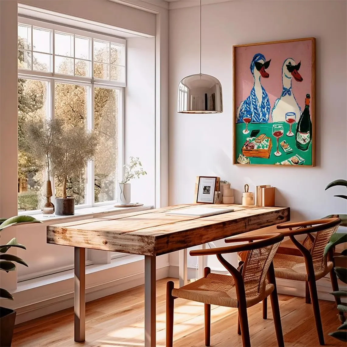 Duck Wine Party Art Print, Quirky Animal Poster, Retro Wall Art with Ducks and Wine, Fun Dining Room or Kitchen Decor