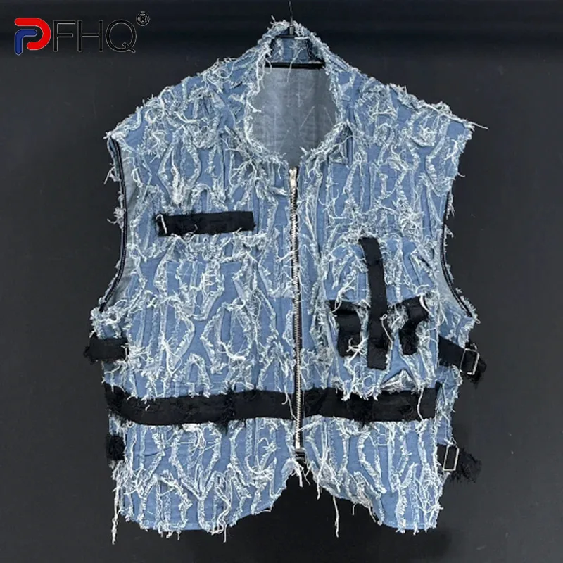 

PFHQ Summer Men's Denim Wash Vest Jackets High Street Silhouette Worn Out Motorcycle Versatile Creativity New Waistcoat 21Z1132