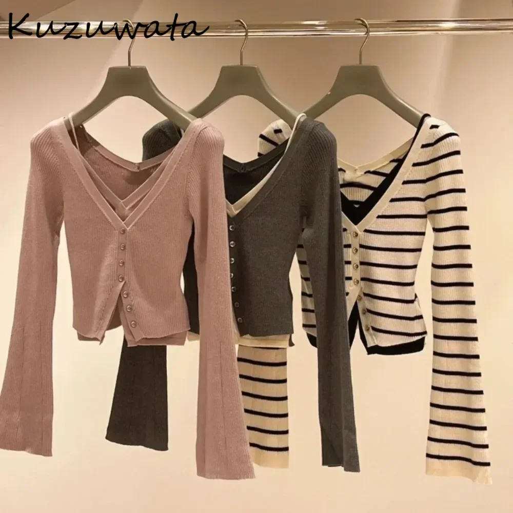 Kuzuwata New V Neck Flare Sleeve Fake Two Pieces Jumper Sling Vent Single Breasted Stripe Cardigan Japan All-match Elegant Tops