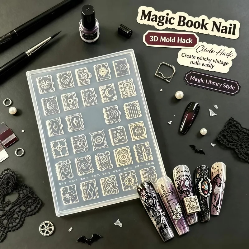 Magic Book House 3D Nail Silicone Mold, Gothic Vintage Spell Book DIY Nail Art Charms